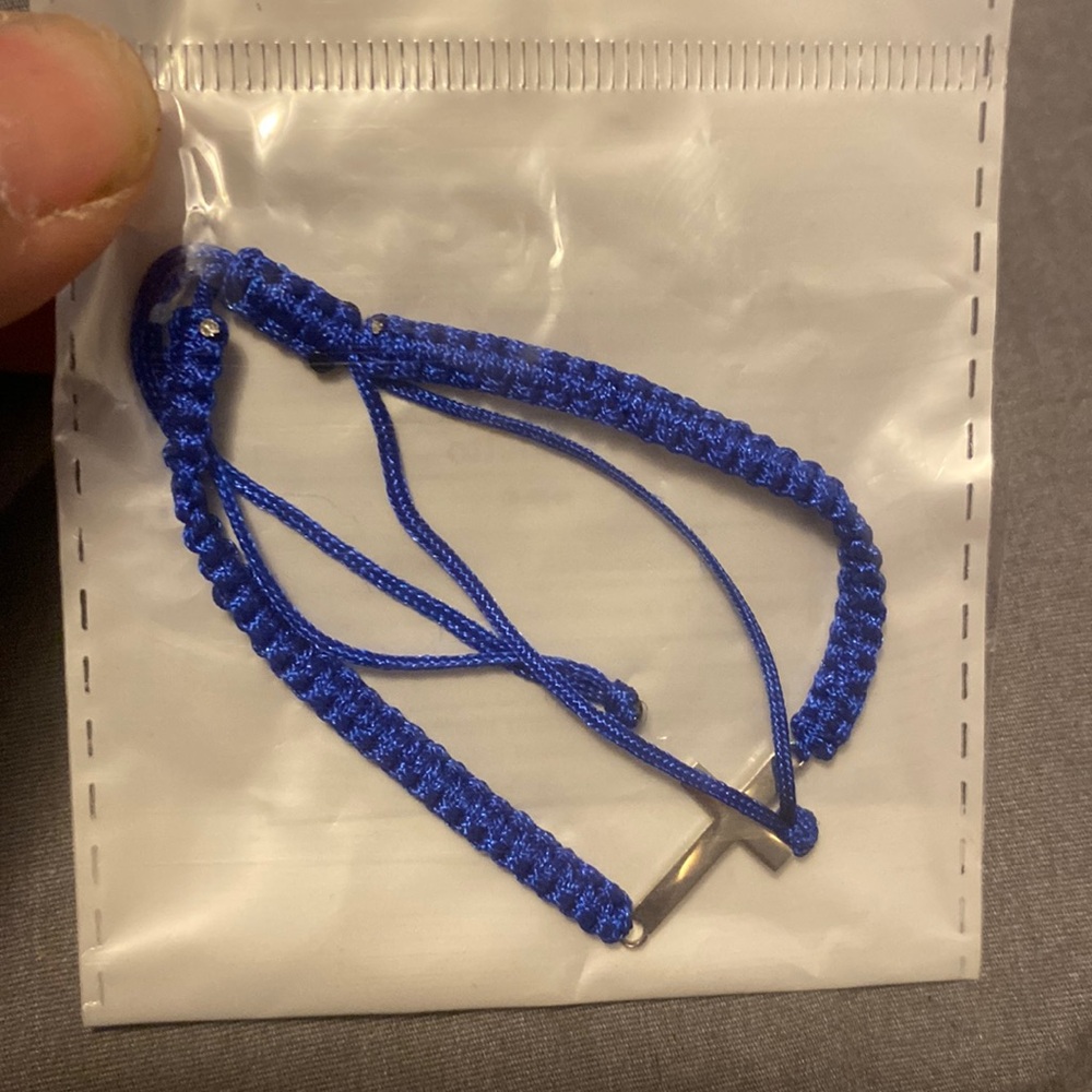 Count hand woven blue adjustable stainless steel cross bracelet